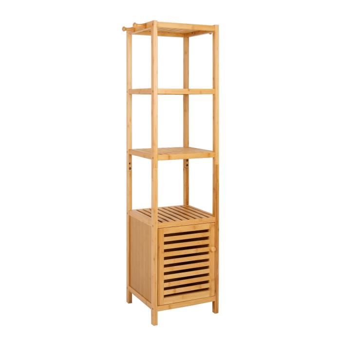 meuble de rangement bambou armoire haute de salle de bain placard haut avec 3 étagères pour salle à manger 33.8x33x140cm