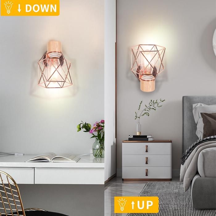 WOTTES Lot de 2 Applique industrielle en bois - Lampe Design Cage Ø14cm - Or rose Pour Chambre Salon Restaurant