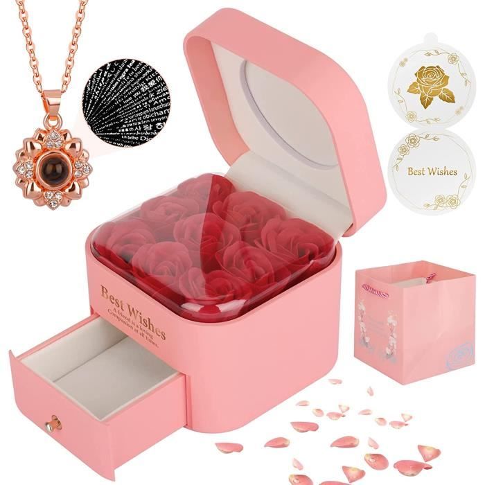 Rose Éternelle Avec Bijoux - Cadeau Fête Des Mères Ou Saint-Valentin - Collier Cœur Cristal Inclus
