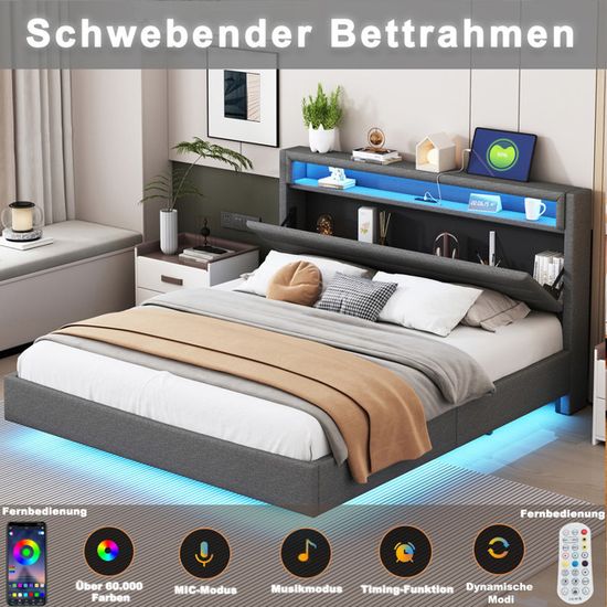 Lit Polster 160 x 200 cm, table de nuit avec port USB et étagère, lit double avec 4 tiroirs, tissu en lin beige