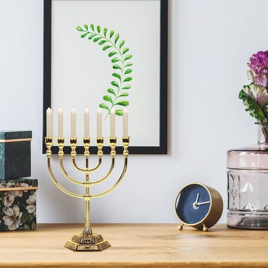 Menorah Hanoukka Métal Doré Élégante - Bougeoir Étoile De David 7 Ou 9 Branches Pour Cérémonie Des Lumières
