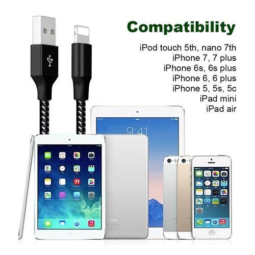 Câble chargeur USB Lightning pour iPhone7/7 Plus, iPhone 6/6 Plus, iPhone  6S/6S Plus iPhone 5/5s/5c/5se iPad Air iPad mini iPod 5 iPod nano 7 - 1m  Blanc - Artecsis - Rapide et