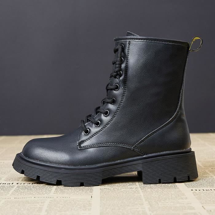Bottines Femme Cuir de Mode Noir Lacets Hauteur de la Tige