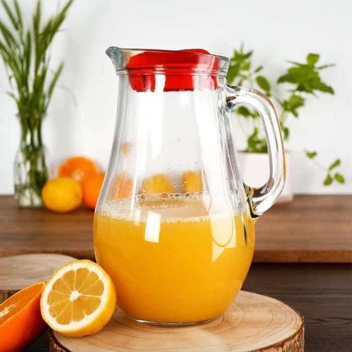Carafe En Verre 2,1L Orion - Avec Bec Verseur Et Couvercle Rouge - Pour Boissons Maison