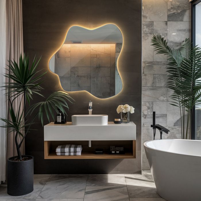 Grand Miroir LED 50×100 Cm Forme Ondulée Organique – Lumière Chaude/Neutre/Froide – Décoratif Asymétrique Mur Salle De Bain Chambre