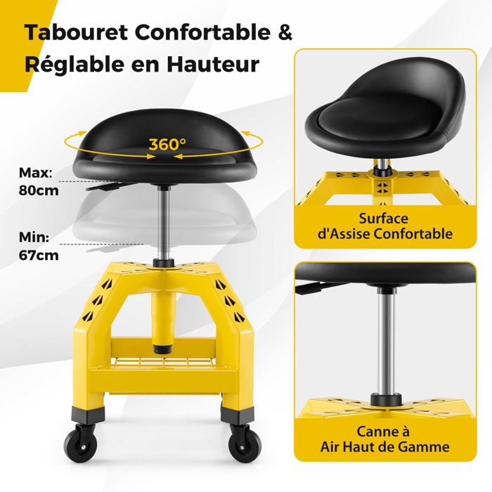 Högert Technik - Taburete de Taller Ajustable | Asiento telescópico de Taller | Altura Regulable | Construcción Robusta | Carga máxima: 140 kg | Taburete con Ruedas para el Taller