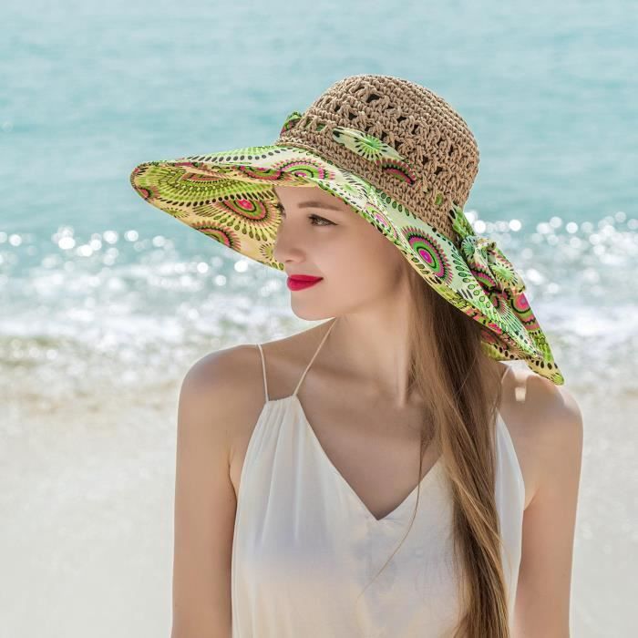 Kentop Femme Chapeau de Paille Bob Bord Large Pliable Casquette