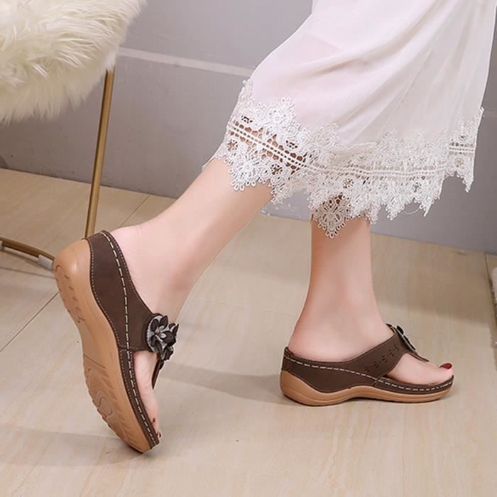 Sandales compensees Femmes Ete Slip On Compensees Plage Bout Ouvert Respirantes Fleurs Chaussures Brun Cdiscount Chaussures