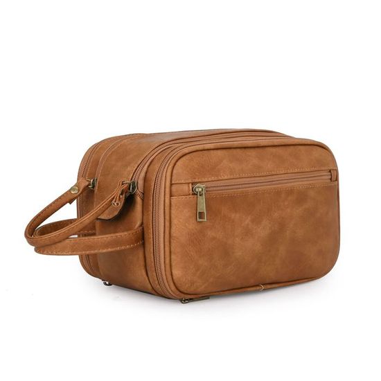 Trousse De Toilette Homme Personnalisable En Cuir - Kit Rasage Voyage, étanche, Cadeau Mari/papa - 2