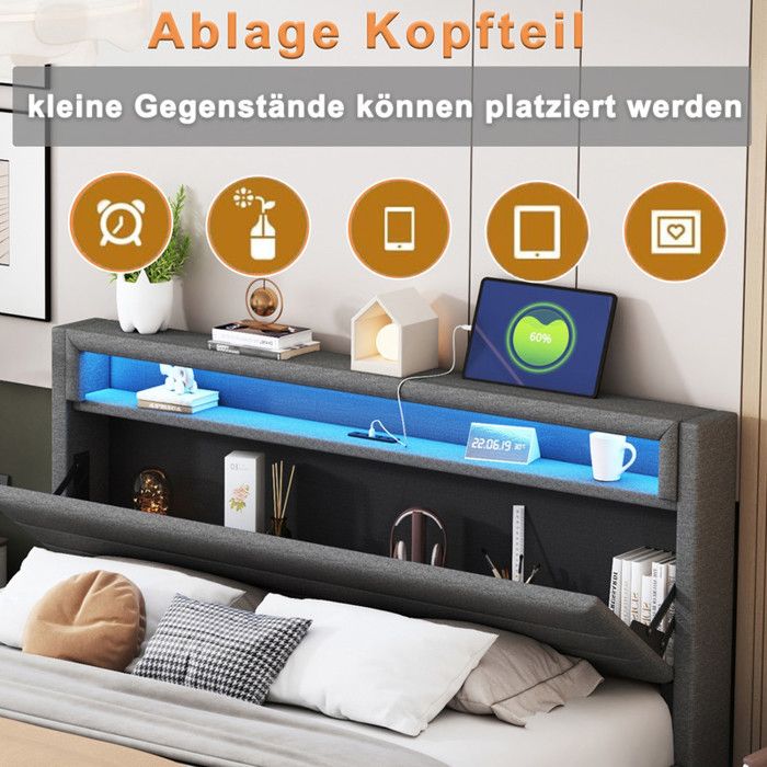 Lit Double 160x200 Cm Avec Tête De Lit Réversible, Prise USB Et éclairage LED - Design Flottant En Lin Gris - 13