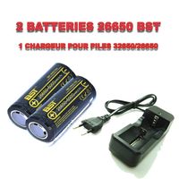 ®cBOX Pack de 2 piles batteries Rechargeables 26650 5000mAh pour Torch et Lampe + 1 chargeur de voyage