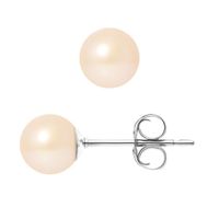 PERLINEA - Clous d'Oreilles - Véritables Perles de Culture d'Eau Douce Rondes 6-7 mm Rose Naturel - Bijoux Femme