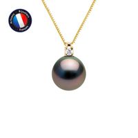 PERLINEA - Collier Perle de Culture de Tahiti A+ - Semi-Ronde 8-9 mm - Diamant 0,020 Cts - Or Jaune - Bijoux Femme