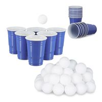 98 tlg. Beer Pong Set, 48 Bälle 38 mm und 50 Getränkebecher, Party Cups 473 ml, 16 oz, Trinkspiel, weiß und blau
