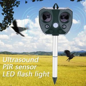 Repulsif Ultrasons Solaire + Flash 6 LED Blanches + Reflecteurs 360 -  Detecteur de Mouvement - Chasse Nuisibles, Oiseaux, Chiens, Chats - 59 CM