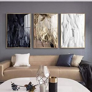 OBJET DÉCORATION MURALE Moderne Noir Blanc Plumes d'or Mur Art Toile Peint