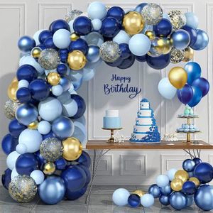 iZoeL Arche Ballon Anniversaire Bleu Or Decoration Anniversaire Homme Femme  Toile Fond 110 * 180cm Nappe Anniversaire Joyeux Anniversaire Ballons