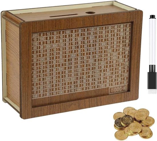 Tirelire Bois Réutilisable Avec Compteur - Objectif épargne, Stylo Effaçable Inclus