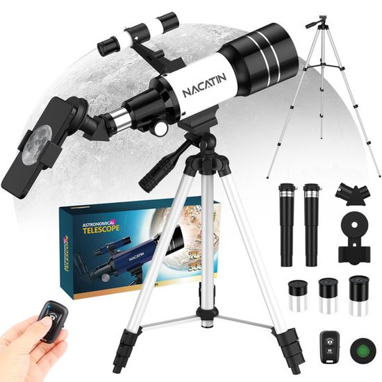 Télescope Astronomique 300/70 Mm Pour Enfants & Débutants – Réfracteur Avec Trépied, 3 Oculaires + Adaptateur Smartphone