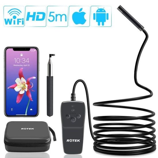 5 Mètres WiFi dInspection Caméra 2.0 Mégapixels 1080P HD Caméra Endoscopique Câble Semi Rigide,IP68 Etanche Endoscope avec 8 LEDs pour iOS,iPhone,Android,Tablette Rotek Endoscope 