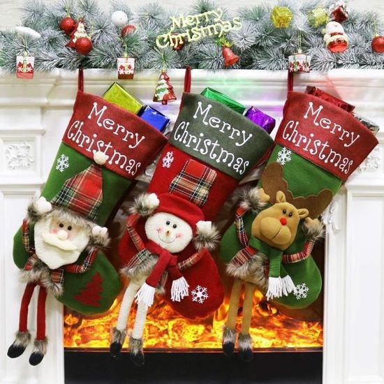 Grande Chaussette De Noël à Suspendre - 45x28 Cm - Design Père Noël & Traîneau - Décoration Cheminée, Arbre, Bureau - Rouge Peluche