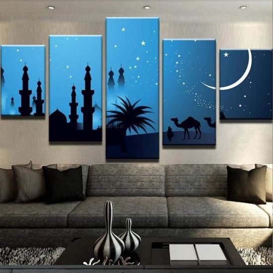 5 peintures sur toile-décoration murale-Célébration Islamique-Décoration de la maison-avec cadre-Peut être accroché-100x50cm[326]
