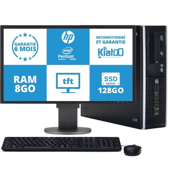 ordinateur de bureau HP elite 8200 pentium intel dual core 8 go ram 128 go disque dur ssd ,pc reconditionné avec écran 22 pouces