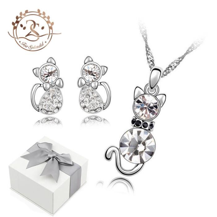 Boucles d'Oreilles et Collier femme Baignés dans l'Or avec Cristaux Autrichiens. Marque 2SPLENDID®. Magnifique Boîte cadeau offerte