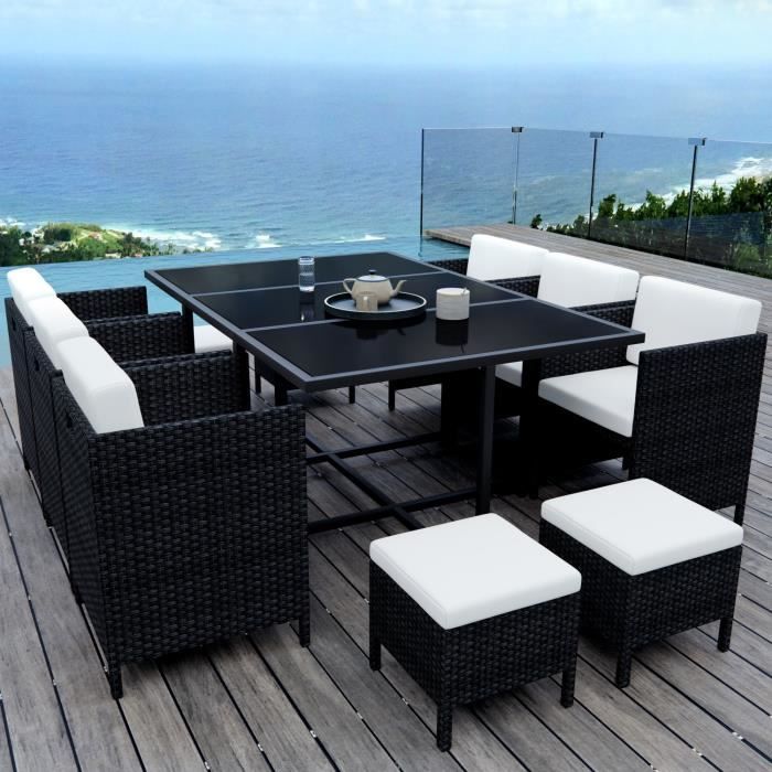 10 Places - Ensemble encastrable salon / table de jardin résine tressée - Noir/Ecru - MUNGA 10B