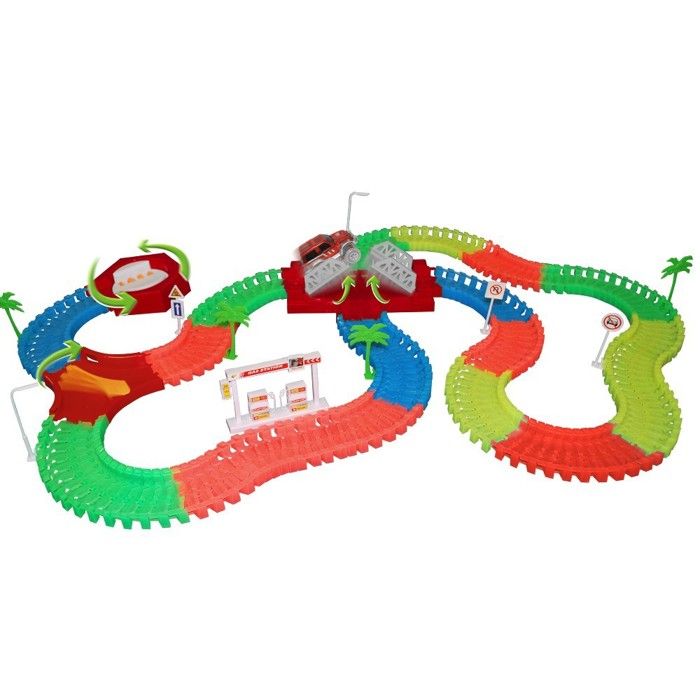 Lightning Speedy Nouveau Circuit de voiture flexible, modulable et luminescent avec ses accessoires et son pont automatique Rouge