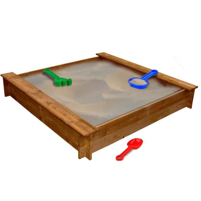 Bac à sable bois Carré avec 2 Sièges - Set de jouets - équipement de jeu enfants - 120 x 120 x 20 cm