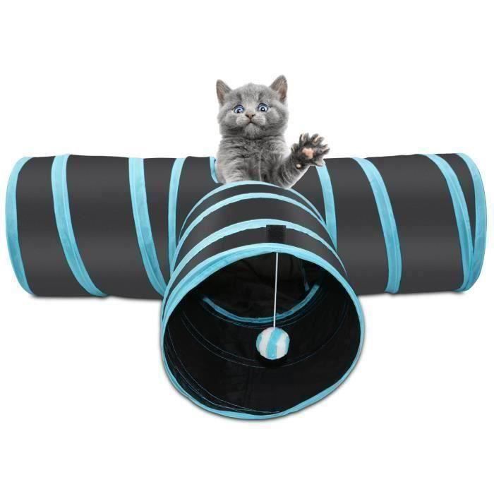 Tunnel pour chat, pliant à 3 voies, jouet pour animaux domestiques, avec une petite balle suspendue pour Minou, noir et bleu Aa75256