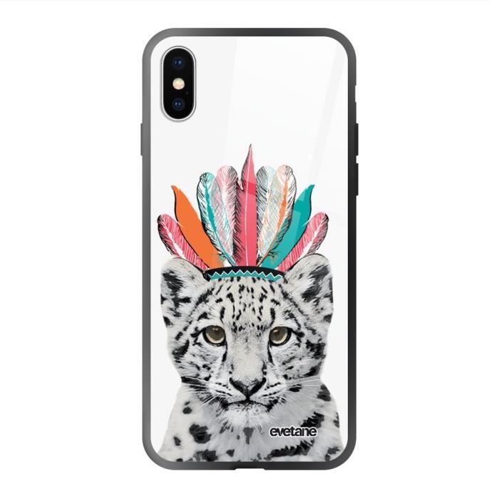 Coque en verre trempé iPhone Xs Max noir Léopard Indien Ecriture Tendance et Design Evetane