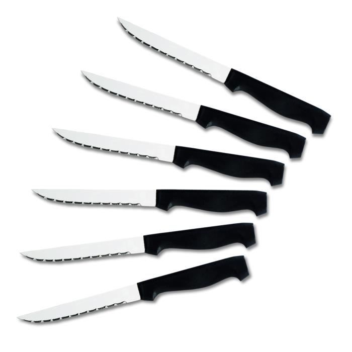 Le Couteau du Chef Lot 6 steaks demie soie manche noir, Couteau à steak, Blanc, Noir, Polypropylène, 50 mm, 20 mm