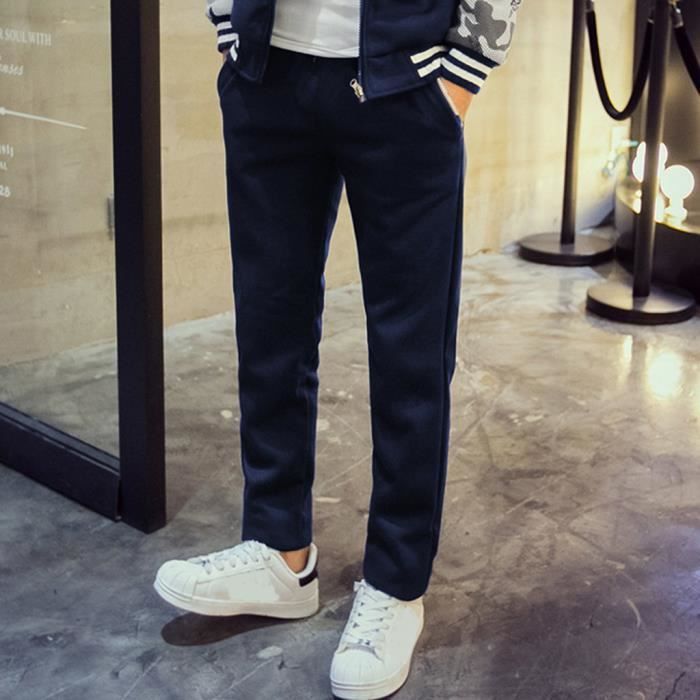 Hommes Casual Loose Taille Élastique Solide Cordon De Serrage Pantalon Long Pantalon Bleu foncé