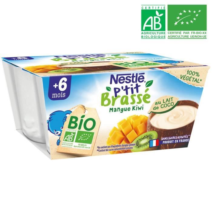 NESTLE P'tit Brassé Dessert bébé BIO +6 mois lait de coco mangue et kiwi - 4 pots x 90 g