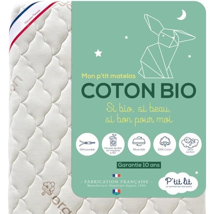 P'tit Lit - Matelas Bébé Coton Bio - 60x120 cm - 100% Coton : matière Naturelle d'origine Végétale - Sans traitement chimique -