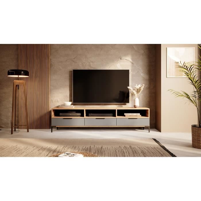 Meuble tv - RIKKE - 160 cm - chêne wotan / gris brillant - sans LED