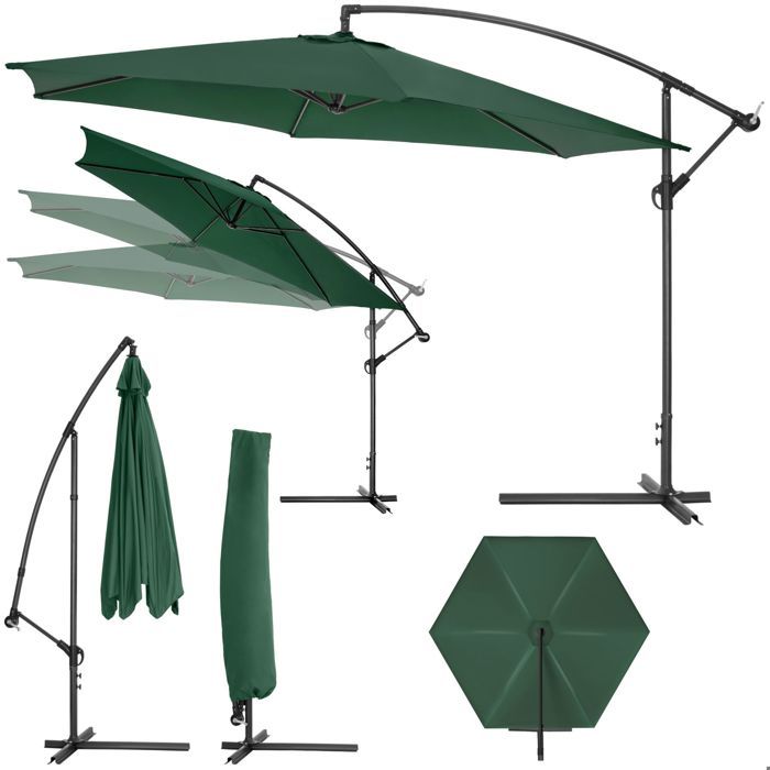 TECTAKE Parasol déporté Inclinable Vert Pied en Métal + Housse de protection