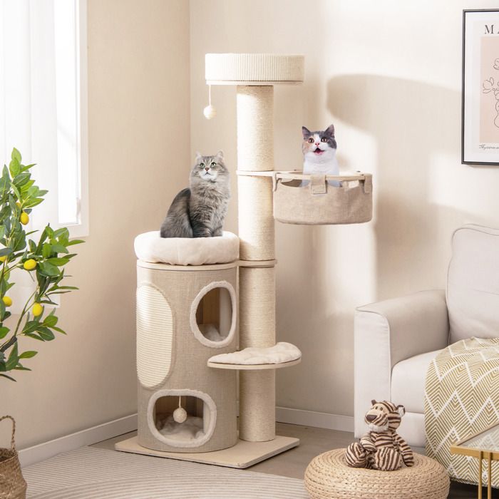 Comparer les prix de COSTWAY Arbre à Chat Multi-Niveaux de 154 CM, Condo à 2 Étages, Poteaux à Gratter en Sisal, Hamac, Balles Suspendues, Lit Amovible