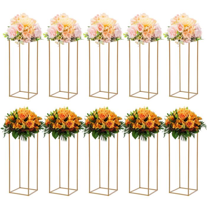10 Vases Colonnes Or Pour Mariage - Support Fleurs Métal - 60 Cm Haut - Design Rectangulaire
