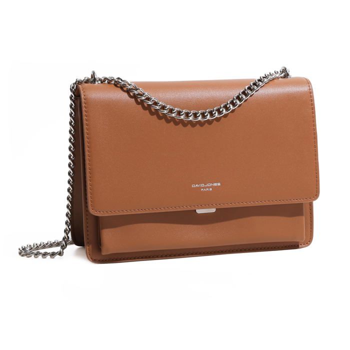 David Jones - Sac Bandoulière Femme - Besace Sacoche Pochette Petit Sac à Main Porté Epaule Simili Cuir Chaînes Mode - Marron Cognac David Jones - Sac Bandoulière Femme - Besace Sacoche Pochette Petit Sac à Main Porté Epaule Simili Cuir Chaînes Mode - Marron Cognac