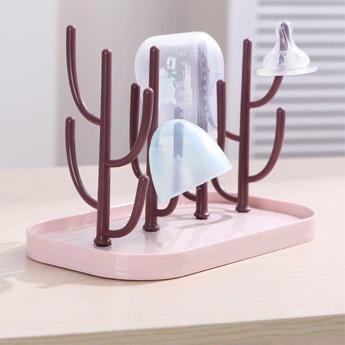 Égouttoir à Biberons Cactus – 12 Supports – Plateau Amovible – Design Mignon Et Fonctionnel – Gris