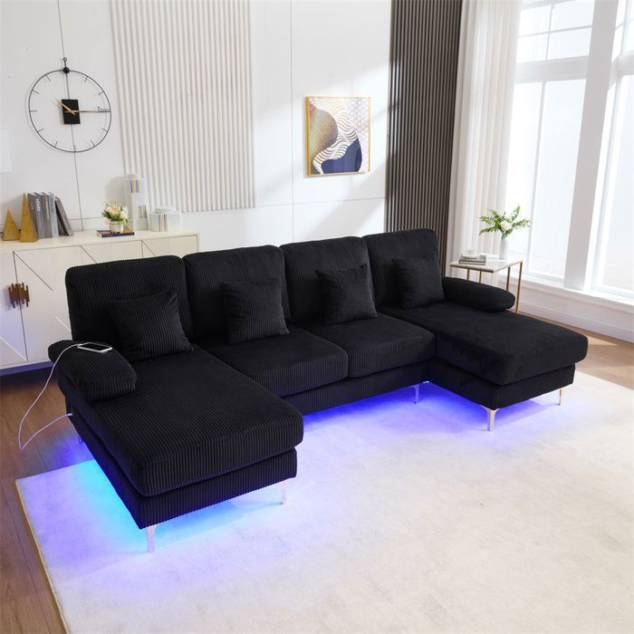 DRIPEX Canapé 4/5 places en forme de U moderne avec éclairage dambiance LED et port USB-CCanapé avec 4 coussinspied en