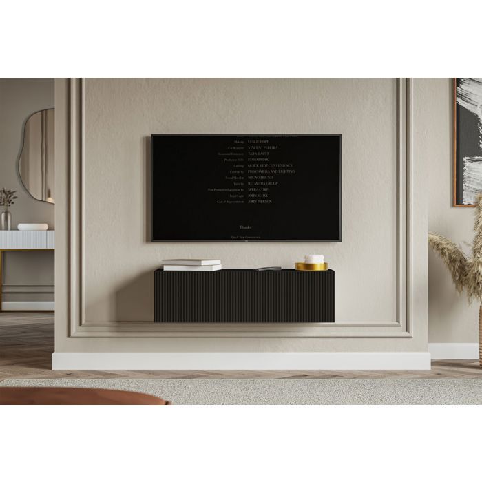 Meuble TV mural avec façades à lamelles rainurées – VELDIO – 100 cm – noir