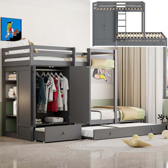 Lit superposé enfant 2x90x200 cm - Lit enfant 90x190 - Armoire intégrée - Tiroirs & Étagère - Gris - Bois massif - Certifié EN747