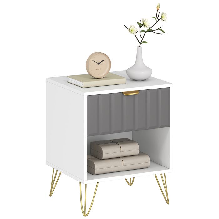 Table de chevet - HOMCOM - moderne - avec compartiment ouvert tiroir et poignée - pieds en acier - pour chambre salon - blanc Table de chevet - HOMCOM - moderne - avec compartiment ouvert tiroir et poignée - pieds en acier - pour chambre salon - blanc