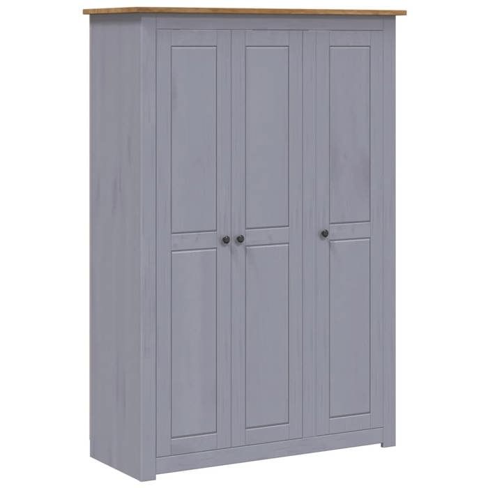 Armoire 3 portes en pin - JILL - 118x50x1715 cm - Gris - Bois de pin massif - 4 tablettes - Penderie intégrée