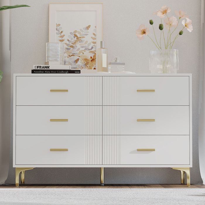 Commode Blanche 6 Tiroirs avec Poignées Dorées Meuble de Rangement Moderne sur Pieds Métalliques 120×40×76 cm
