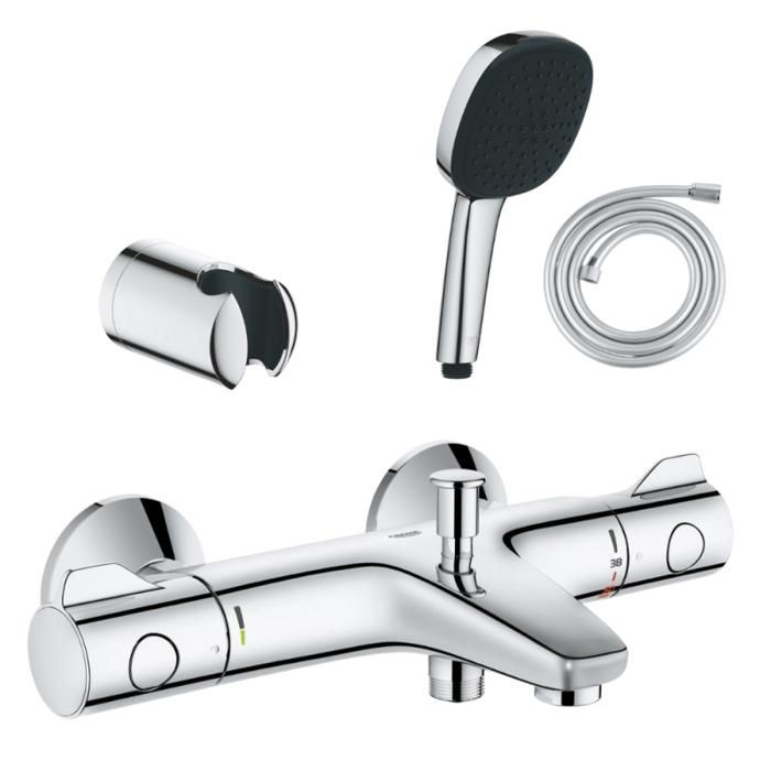 Grohe Pack mitigeur thermostatique Grotherm 800 + Douchette 2 jets Vitalio Comfort 110 + Flexible1750 mm et support